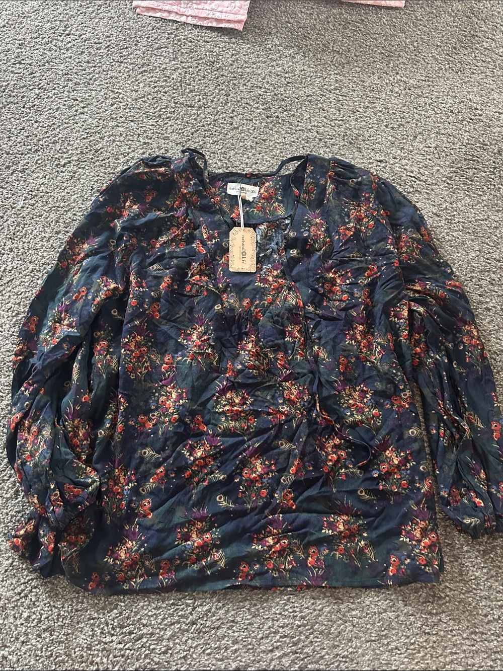 NATURAL LIFE Navy Floral Button-Front Long Sleeve Blouse